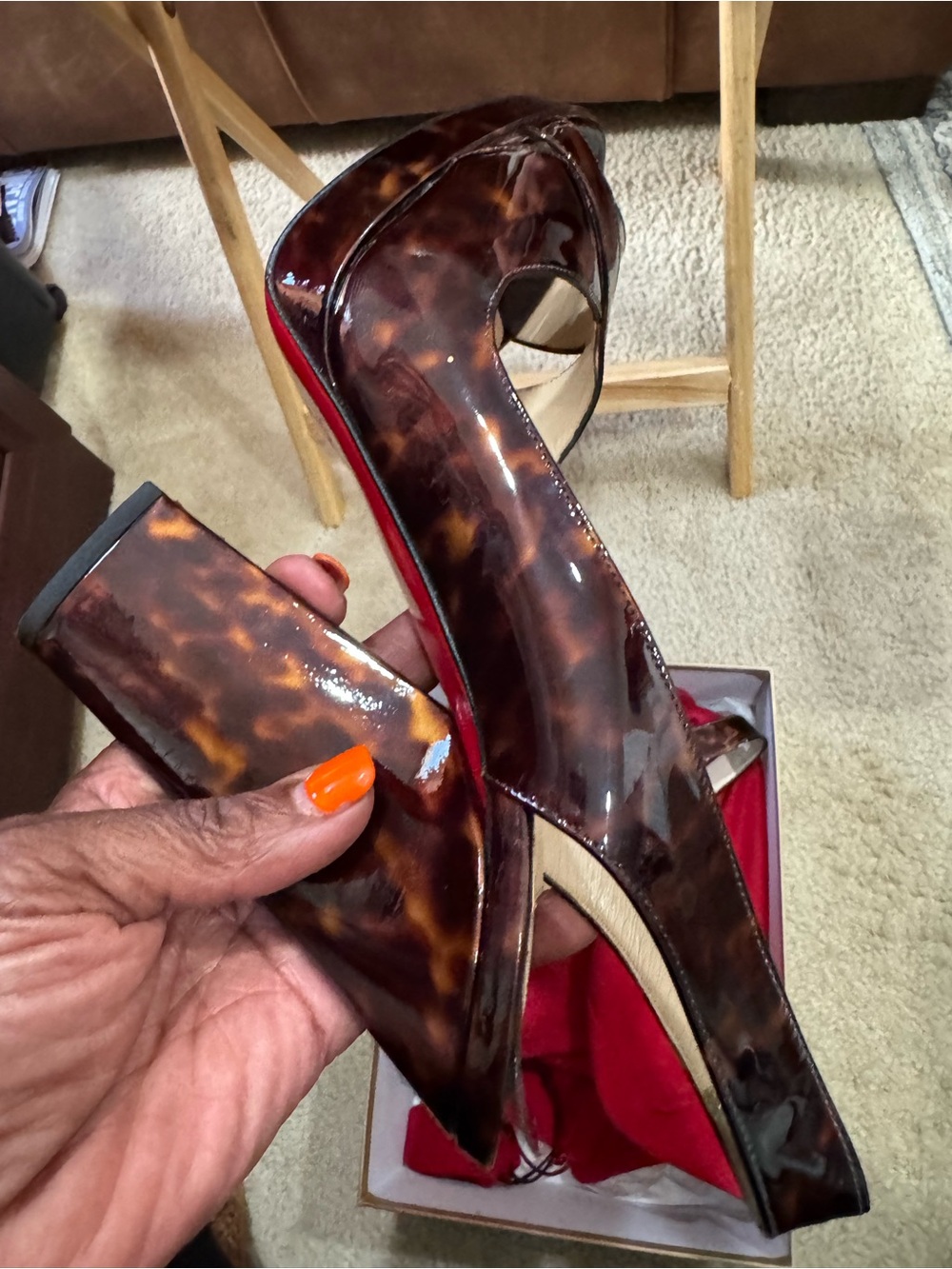 Christian Louboutin Tortoiseshell Patent Open-Toe Block Heels